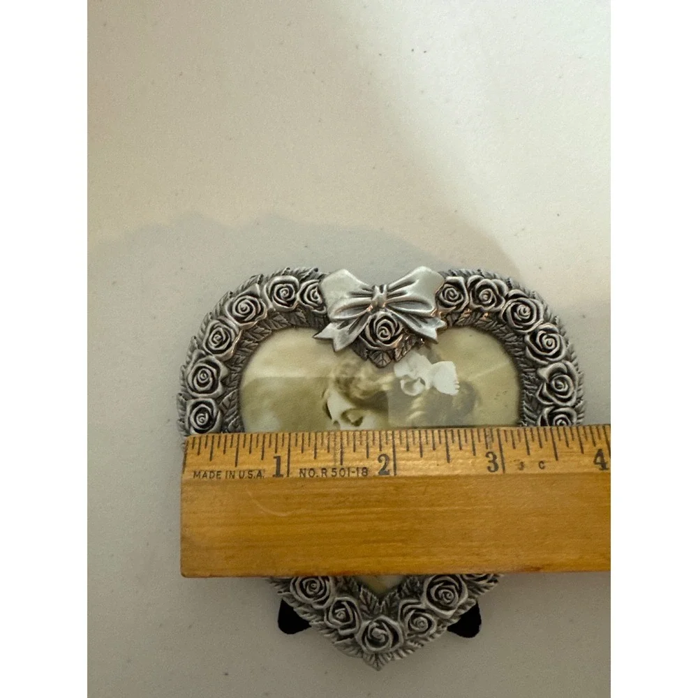 Vintage MT Pewter Tone Heart Picture Frame Rose Floral Bow Victorian Style 3.5in